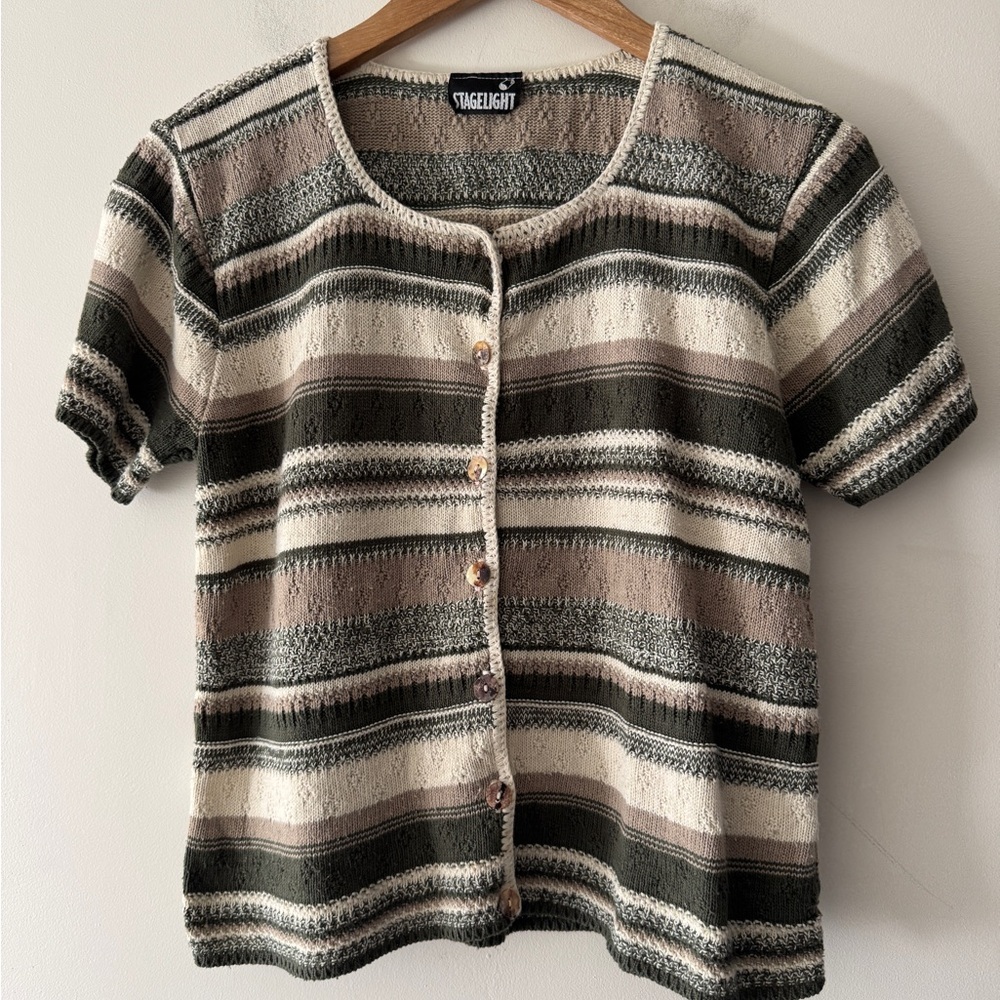 Vintage 90’s Striped Knit Neutral Earthy Tones Top Short Sleeve Sweater Cardigan
